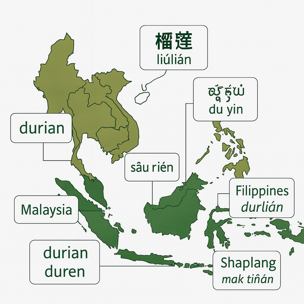 Carte linguistique du durian en Asie du Sud-Est montrant les noms locaux : durian, duren, thurian, sầu riêng, durlián, du yin, liúlián, mak thílan.