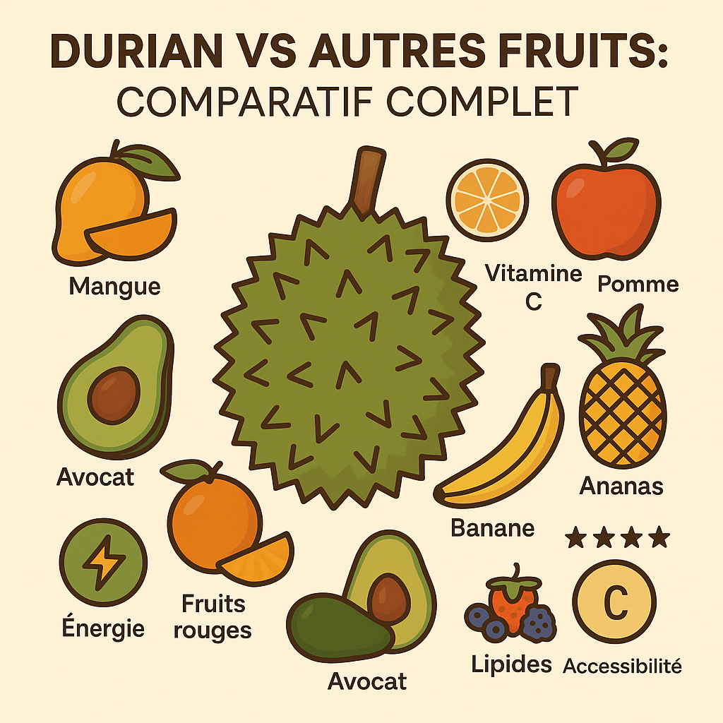 Découvrez le comparatif complet du durian face à la mangue, banane, avocat, ananas, pomme et agrumes. Valeurs nutritionnelles, bienfaits, goût et praticité : le durian mérite-t-il son titre de roi des fruits exotiques ?