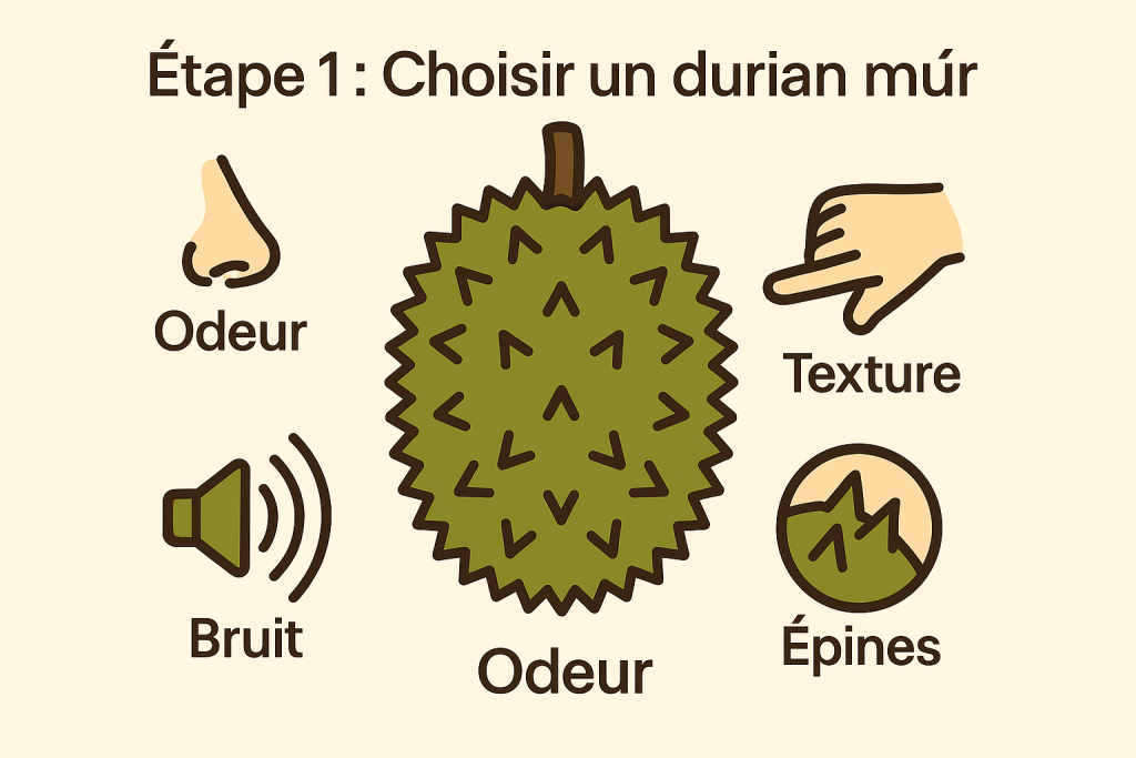 Étape 1 : Choisir un durian mûr – astuces pratiques pour reconnaître un bon durian. Infographie étape 1 pour ouvrir un durian : comment choisir un durian mûr grâce à l’odeur, au bruit, à la texture et aux épines.