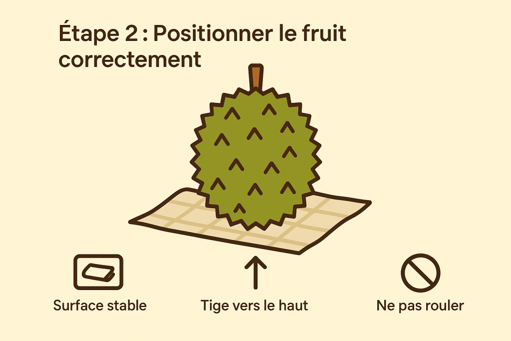 Étape 2 : Bien positionner le durian avant de l’ouvrir en toute sécurité. Étape 3 : Identifier les lignes naturelles Le secret pour ouvrir un fruit durian facilement réside dans l'observation : Examinez attentivement la coque pour repérer les "coutures" naturelles Ces lignes correspondent aux jonctions entre les segments internes Elles apparaissent comme des lignes légèrement creusées entre les rangées d'épines