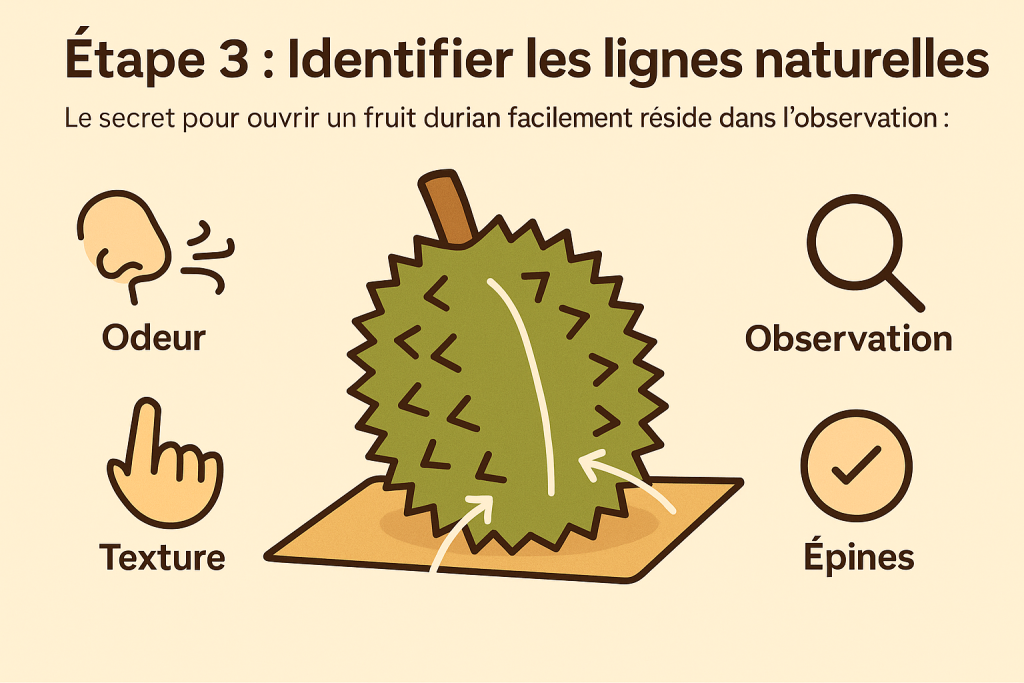 Étape 3 : Identifier les lignes naturelles du durian pour l’ouvrir plus facilement. Infographie étape 3 pour ouvrir un durian : identifier les lignes naturelles de la coque grâce à l’observation, la texture, l’odeur et les épines.
