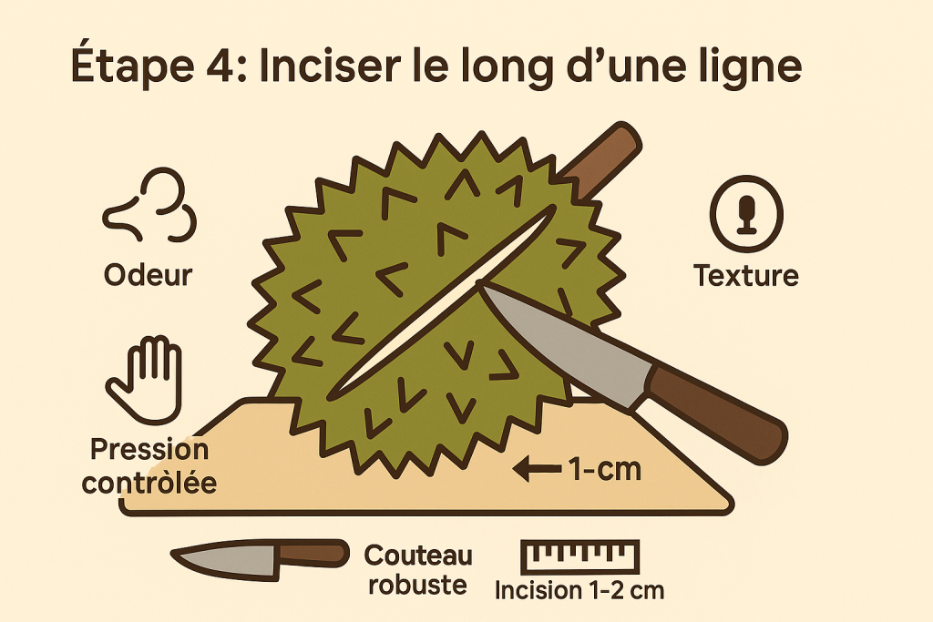 Étape 4 : Inciser le durian le long d’une couture naturelle en toute sécurité. Infographie étape 4 pour ouvrir un durian : inciser le long d’une ligne naturelle avec un couteau robuste en exerçant une pression contrôlée, incision de 1 à 2 cm.