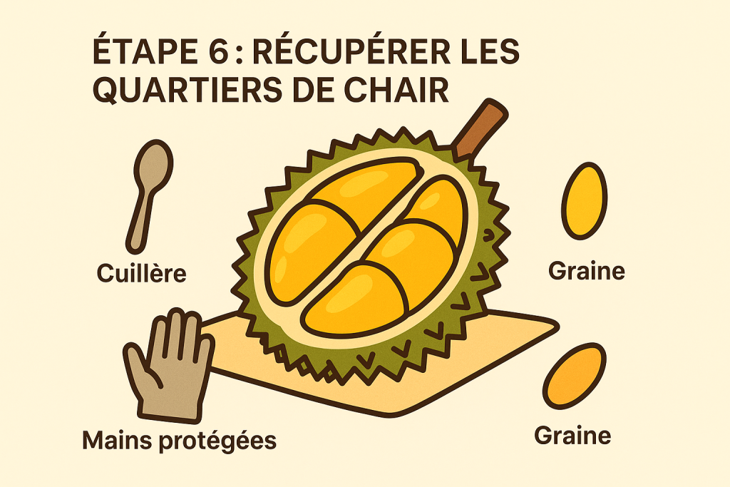 Étape 6 : Retirer la chair du durian et la préparer à la dégustation. Infographie étape 6 pour ouvrir un durian : récupérer les quartiers de chair crémeuse à l’intérieur du fruit en séparant la graine.