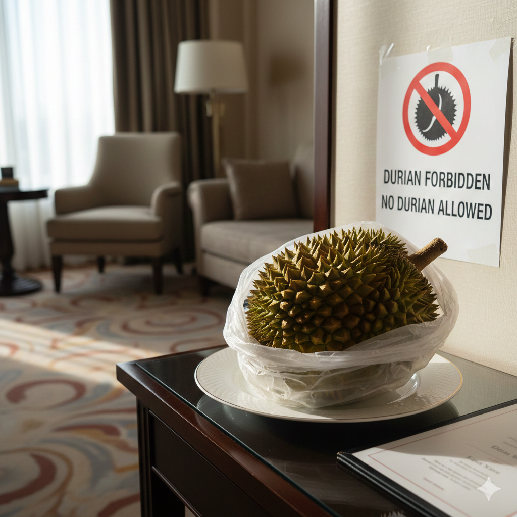 Durian frais posé sur une table dans une luxueuse chambre d'hôtel, sous un panneau d'interdiction "Durian Forbidden No Durian Allowed".