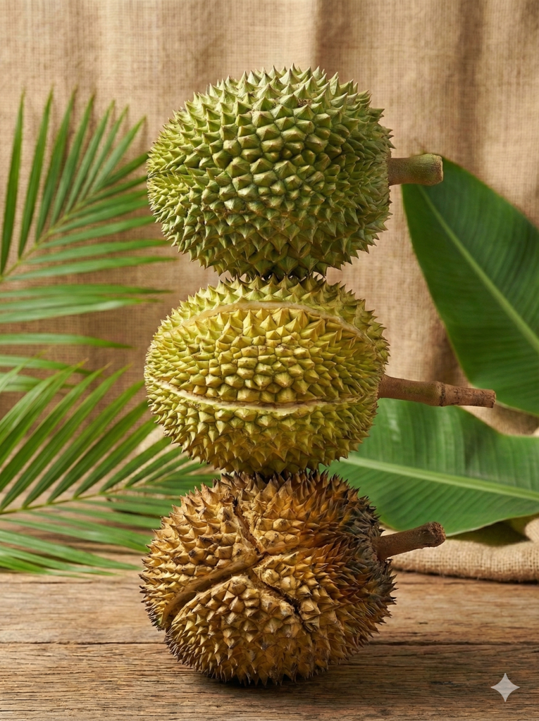 trois durian maturité mûr, peu mûr et très mûr trois durian maturité mûr, peu mûr et très mûr
