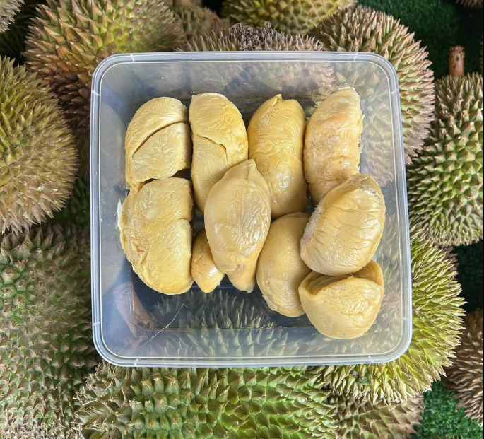 Durian en boîte chair crémeuse jaune avec fruits entiers en arrière plan
